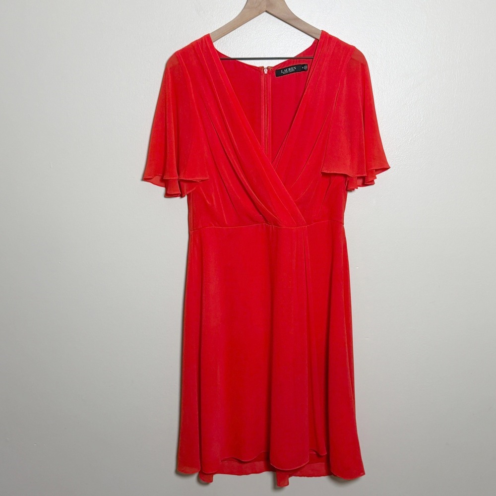 Lauren Ralph Lauren Orange Chiffon A-Line Dress 10 Event Office Surplice Flutter